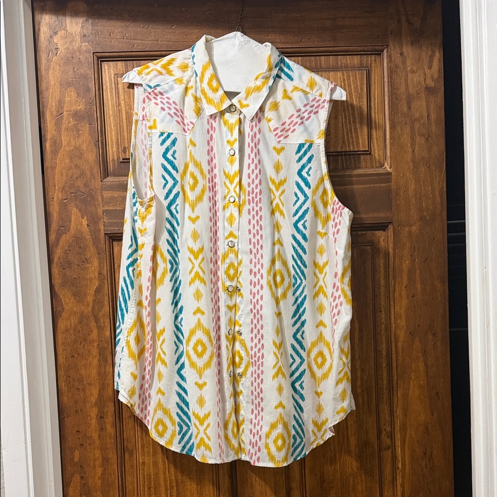 Ariat Sleeveless Button-Front Top in Yellow, Teal & Pink